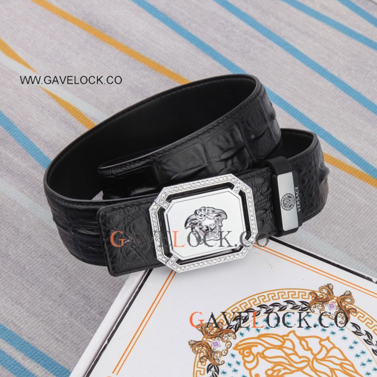 Crystal Embellish Versace Calfskin Leather Belt Silver Head Copy